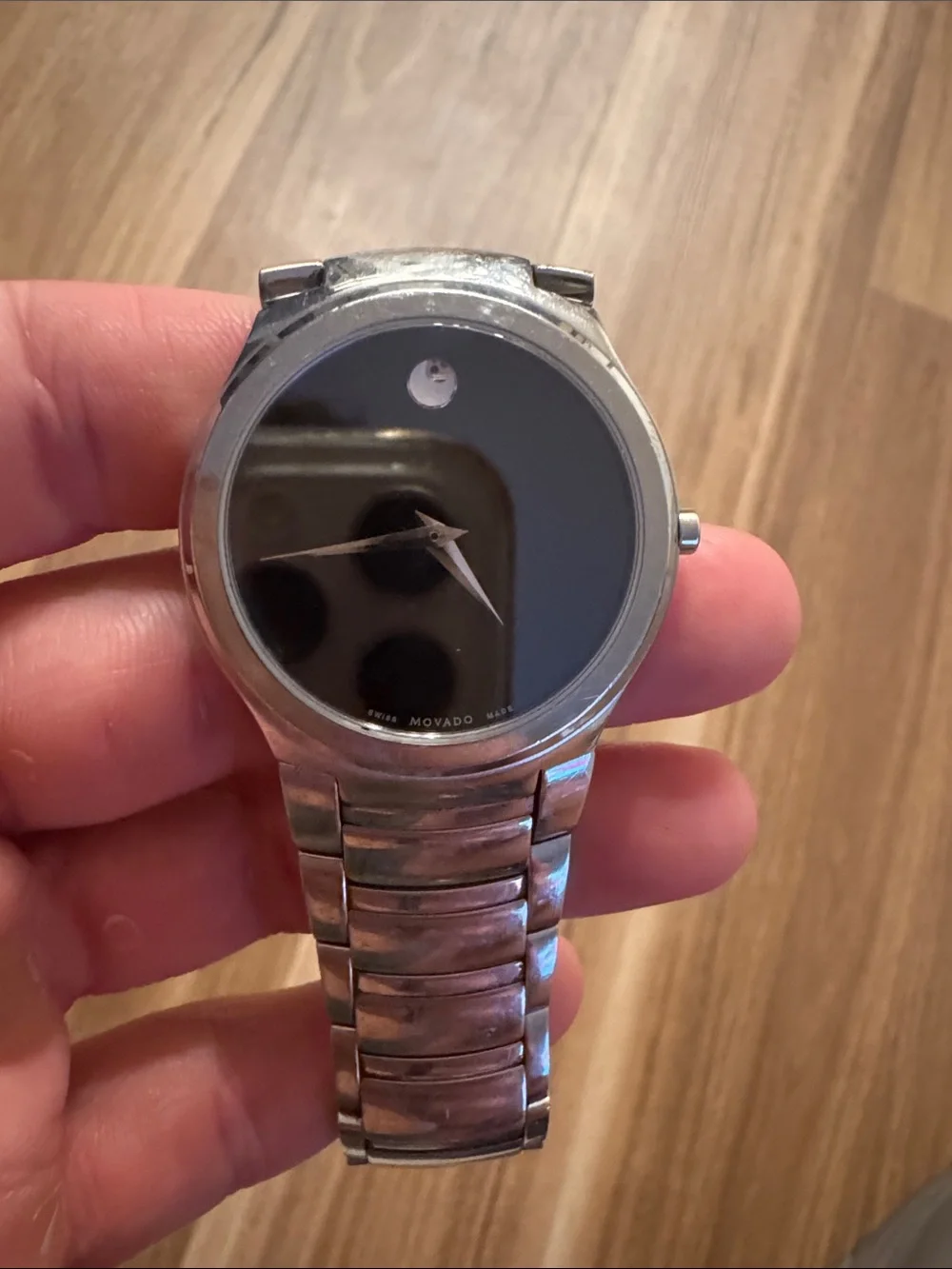 Movado Silver Bracelet Watch with Black Dial